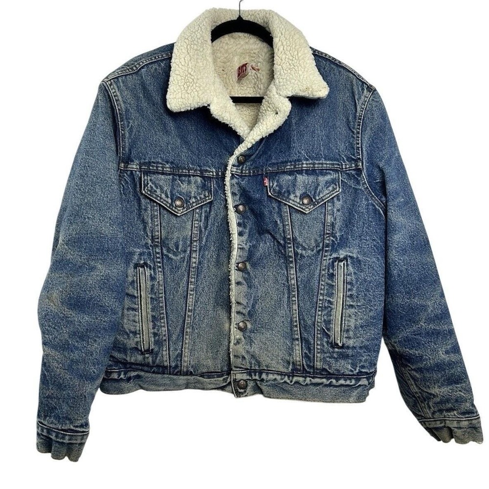Vintage 80s Levis Sherpa Lined Denim Trucker Jacket Mens 44R Distressed Blue